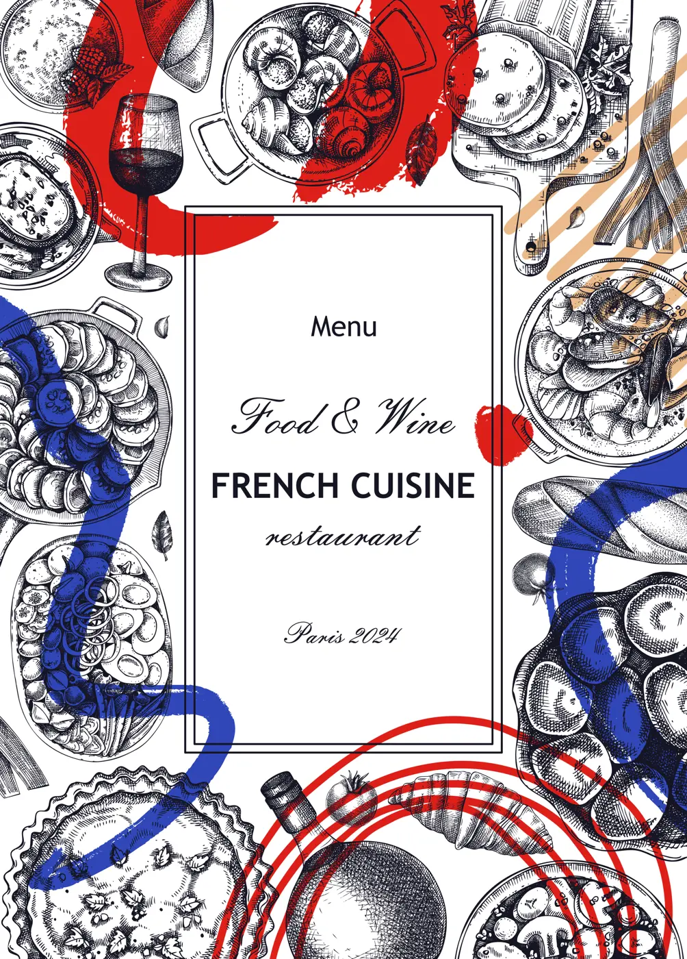 Collage-style French food frame design. Vintage food and wine sketches. Abstract restaurant menu. France background. Hand-drawn vector illustration, NOT AI generated Illustration